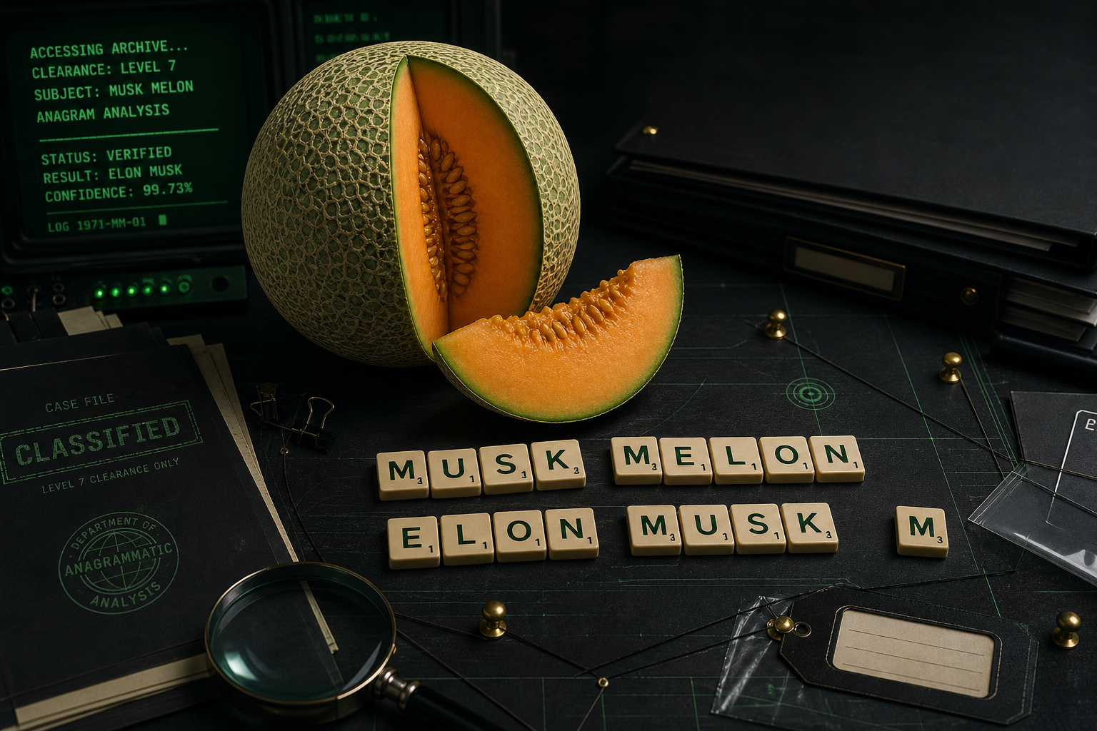A musk melon arranged on a produce evidence board with letter tiles for Musk Melon, Elon Musk, and Remove 1 M.